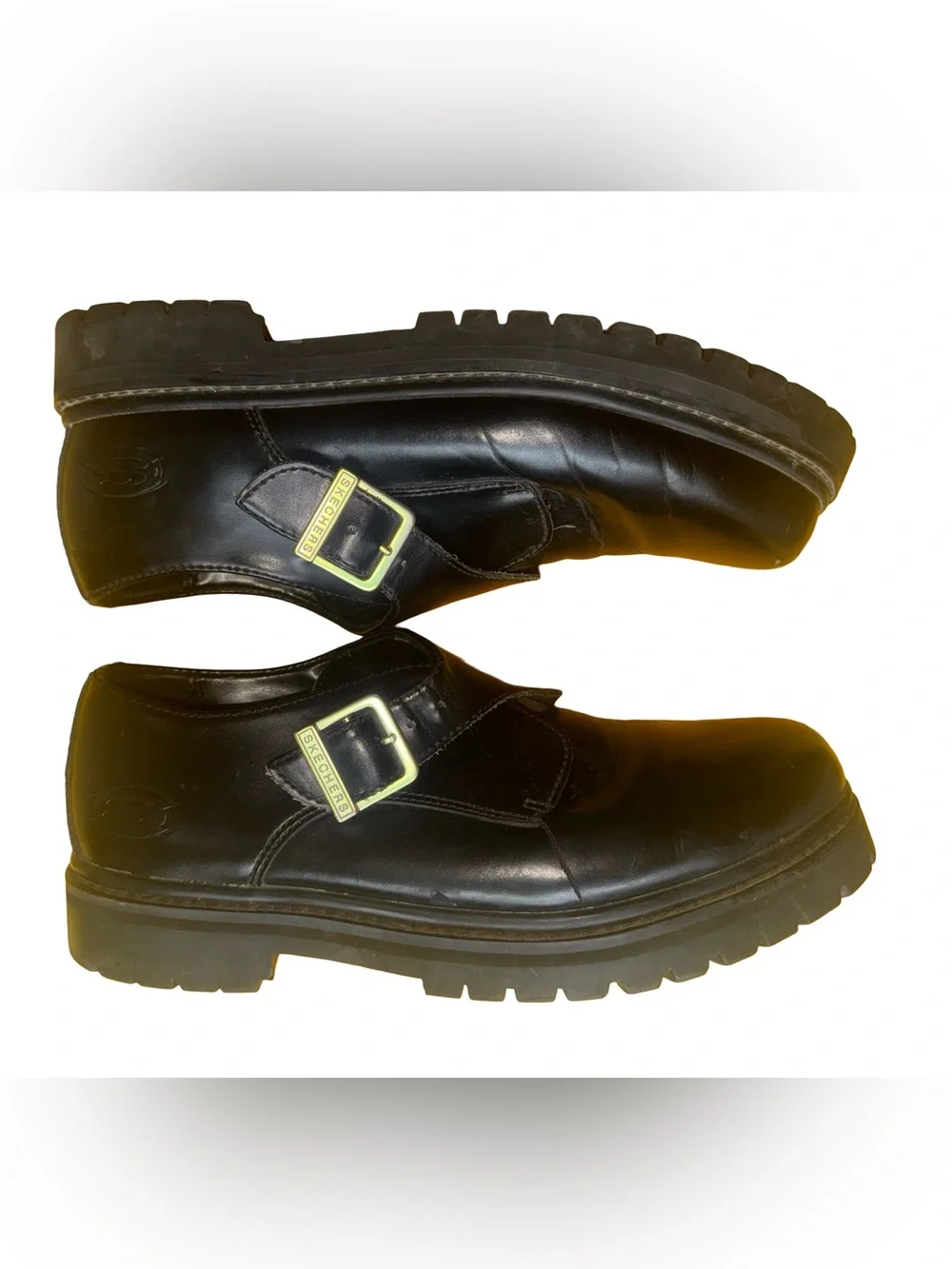 Vintage Y2K Sketchers Black Leather Monk Strap Chunky Lug Sole Platform Shoe